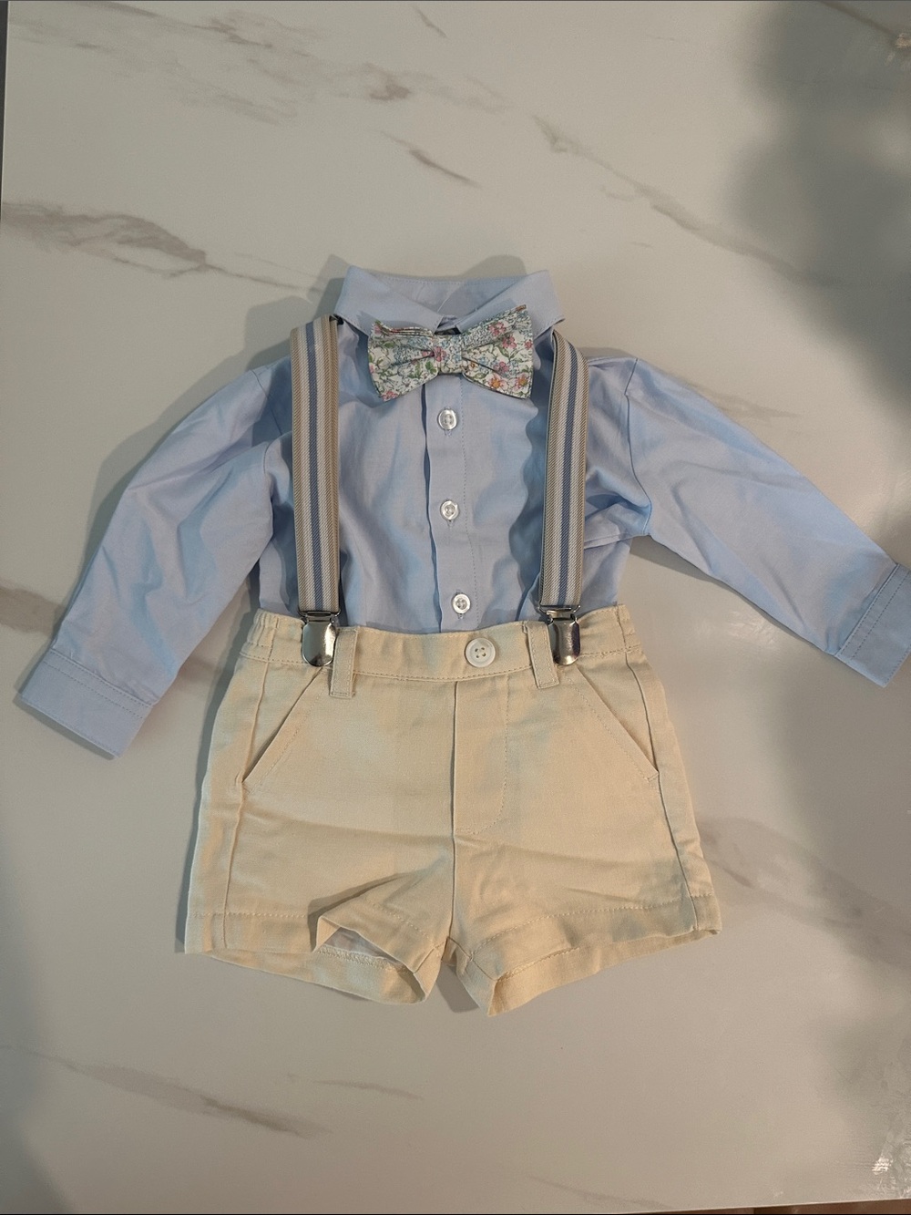 Edgehill Collection Light Blue Shirt with Cream Shorts and Floral Bow Tie